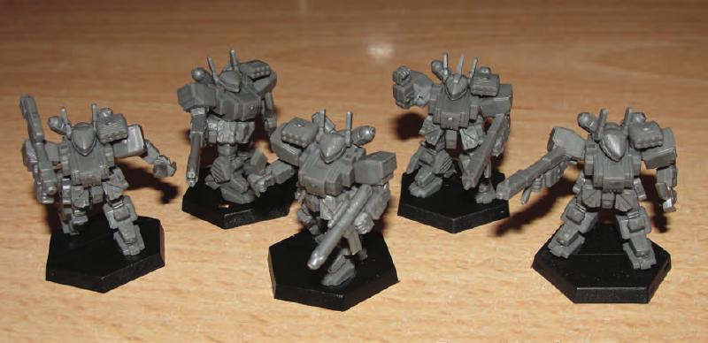 5 Warrior models (Scourge, Sweeper, Vanguard, Stock with Chieftain upgrade, and Stock) ready for priming and painting.